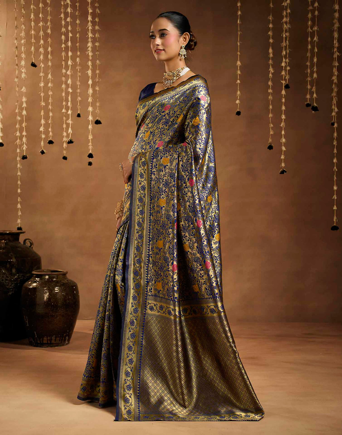 Navy Blue Silk Woven Banarasi Saree