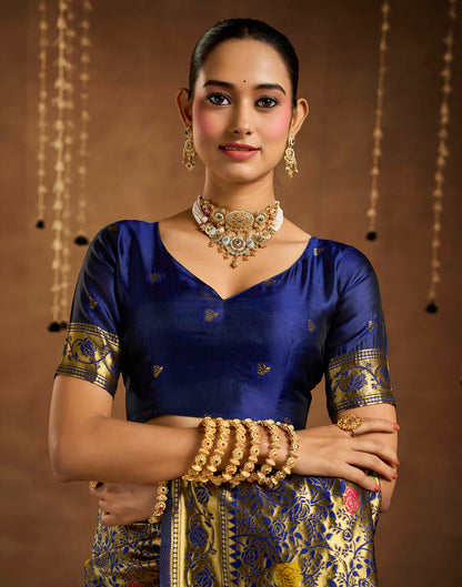Navy Blue Silk Woven Banarasi Saree