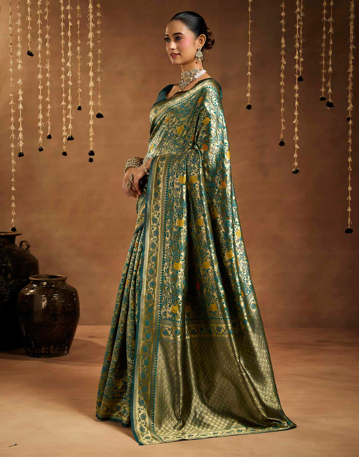 Teal Green Silk Woven Banarasi Saree