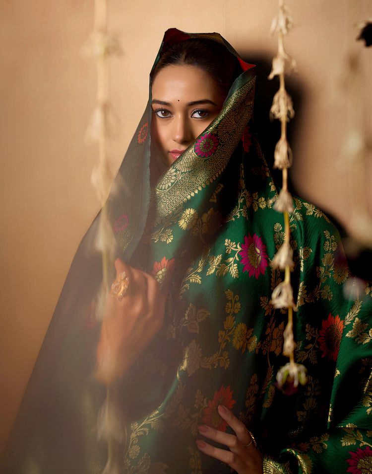 Dark Green Silk Woven Banarasi Saree