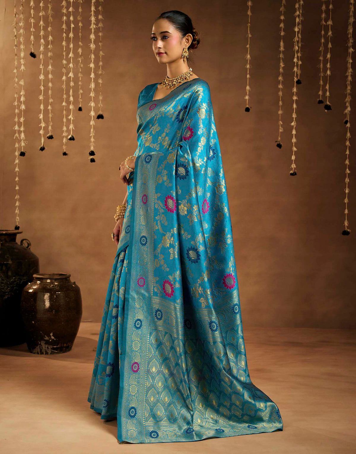 Sea Blue Silk Woven Banarasi Saree