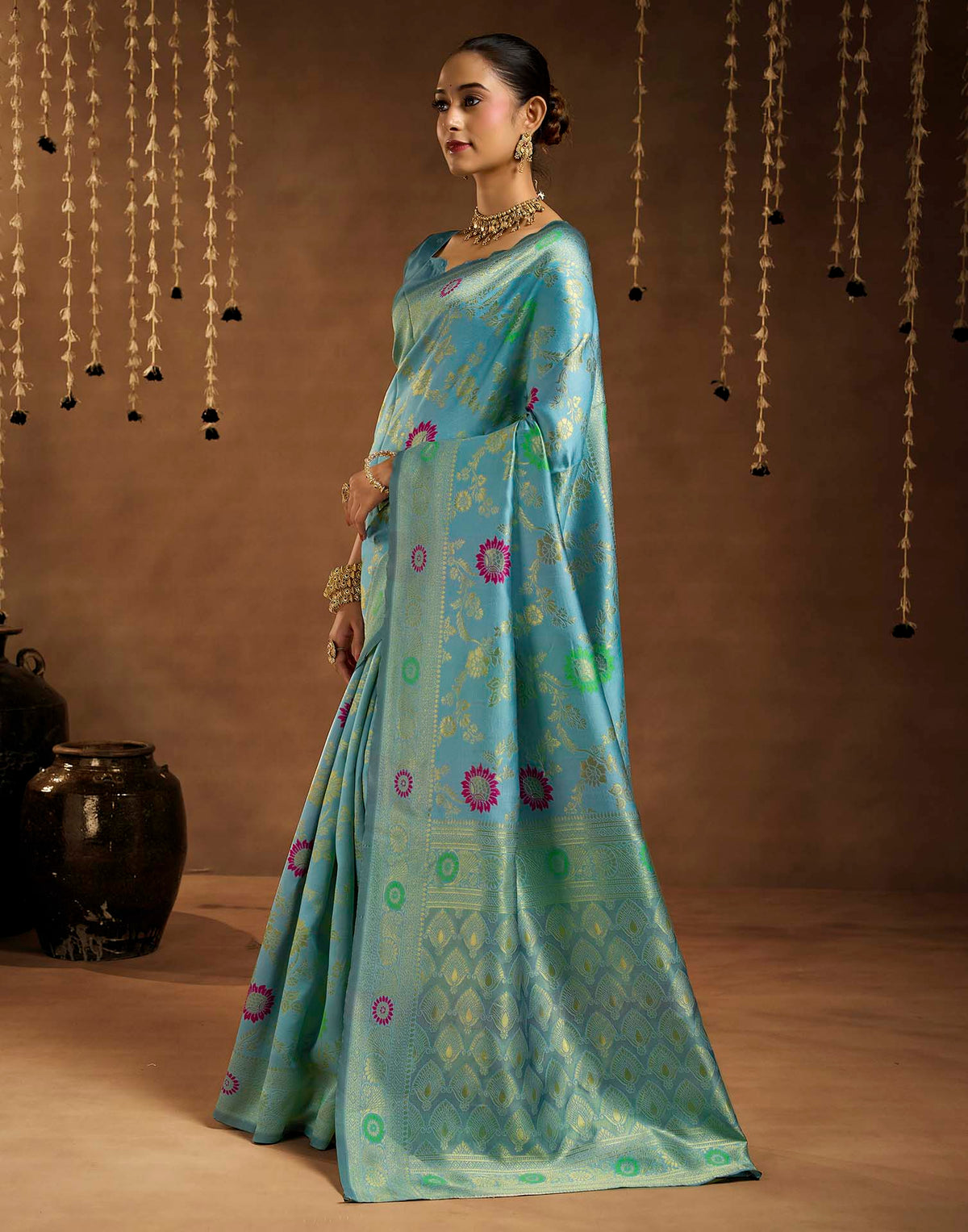 Sky Blue Silk Woven Banarasi Saree