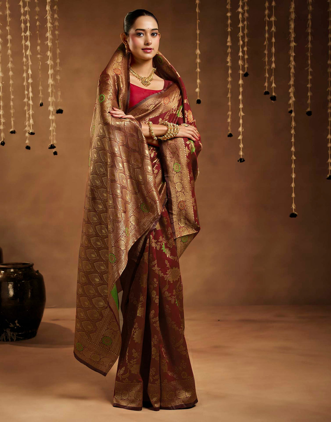 Maroon Silk Woven Banarasi Saree