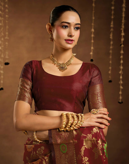 Maroon Silk Woven Banarasi Saree