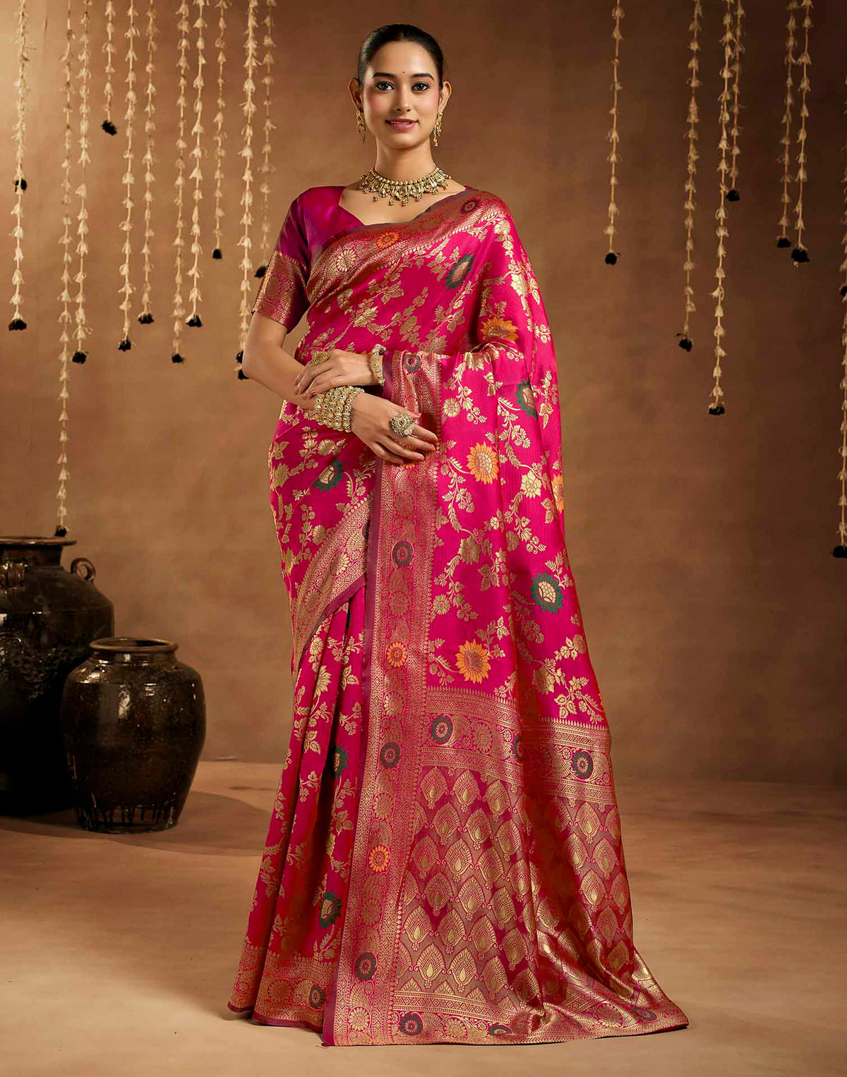 Pink Silk Woven Banarasi Saree