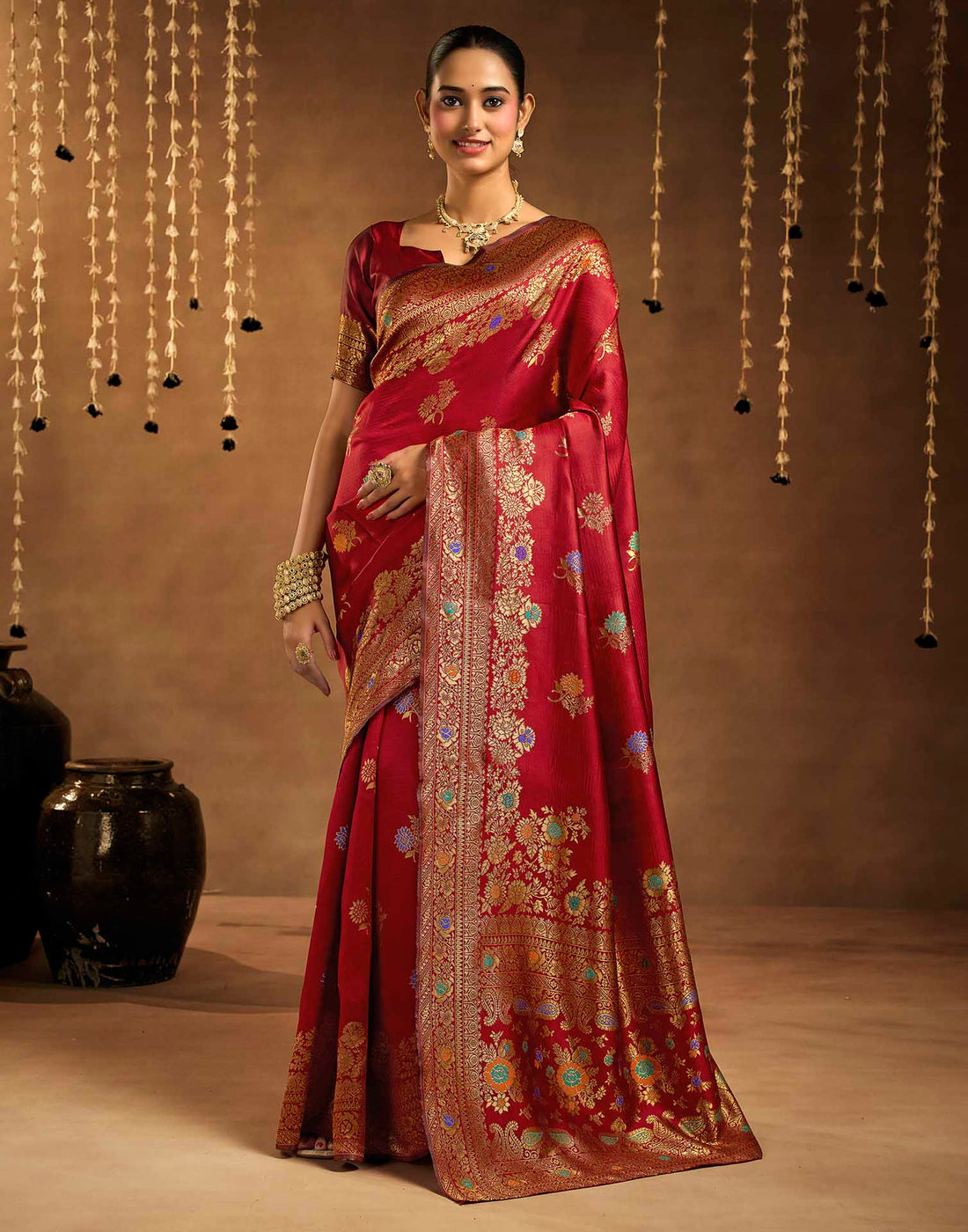 Maroon Silk Woven Banarasi Saree