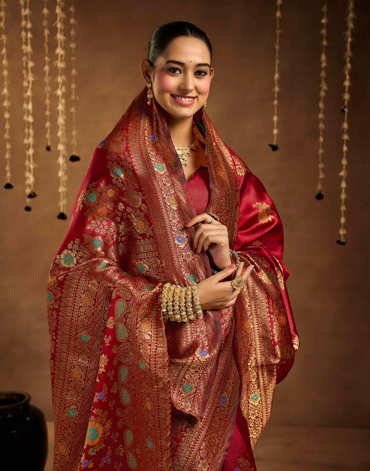 Maroon Silk Woven Banarasi Saree