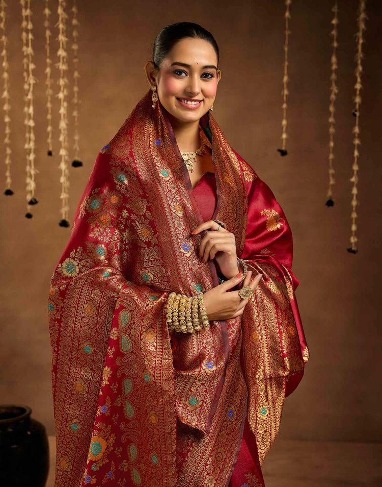 Maroon Silk Woven Banarasi Saree