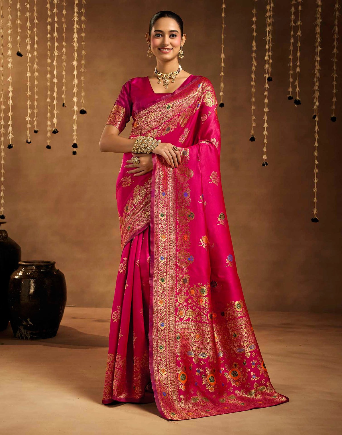 Pink Silk Woven Banarasi Saree