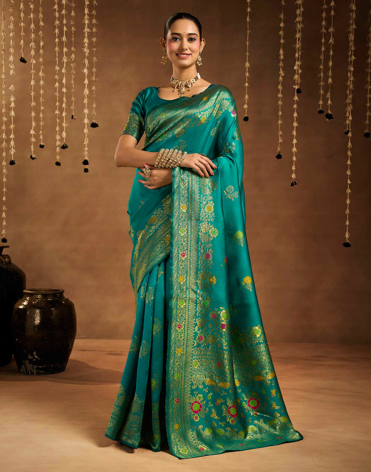 Teal Blue Silk Woven Banarasi Saree