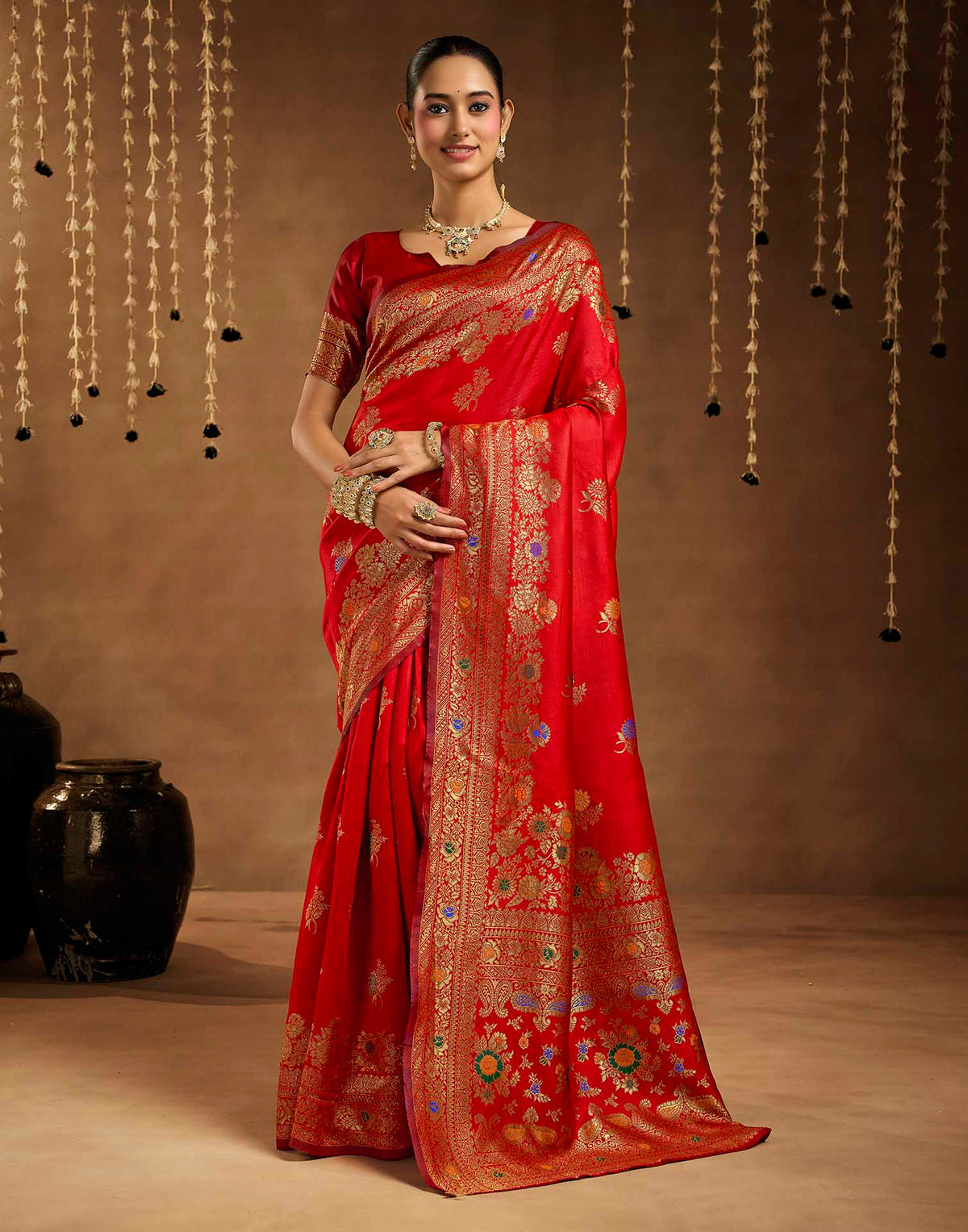 Bright Red Silk Woven Banarasi Saree