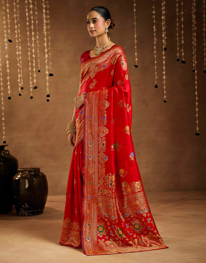 Bright Red Silk Woven Banarasi Saree