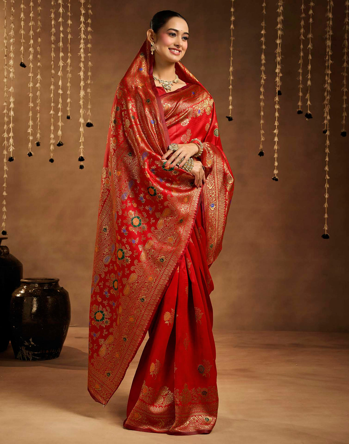 Bright Red Silk Woven Banarasi Saree