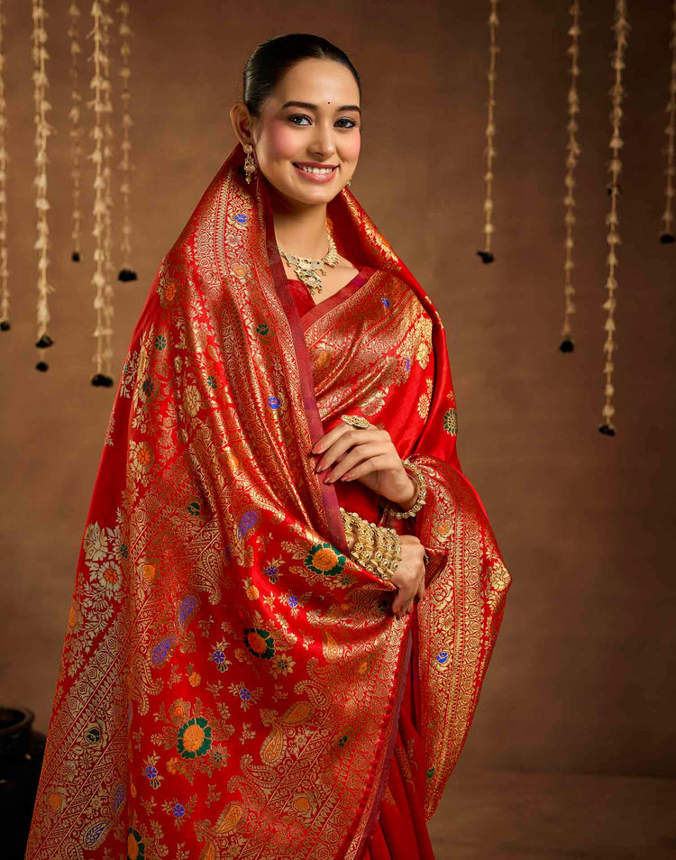 Bright Red Silk Woven Banarasi Saree