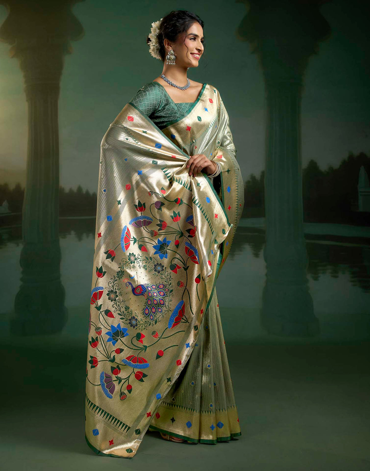 Sage Green Silk Woven Paithani Saree