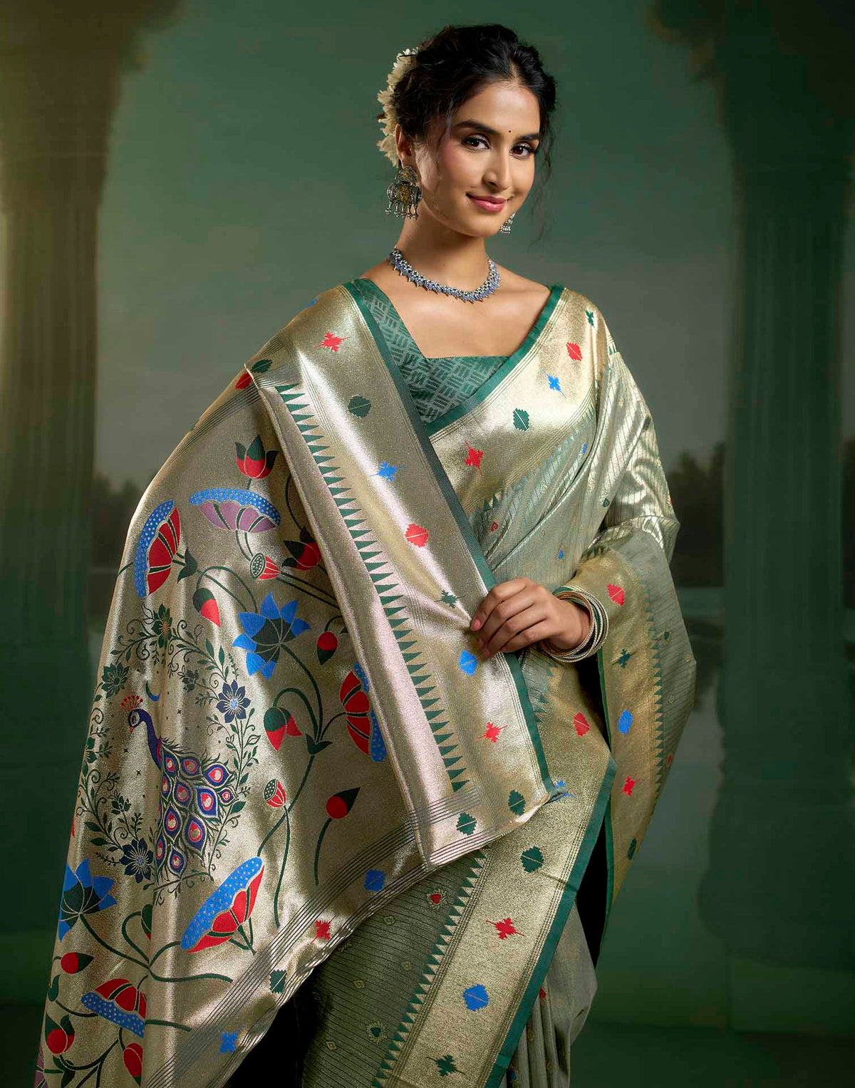 Sage Green Silk Woven Paithani Saree