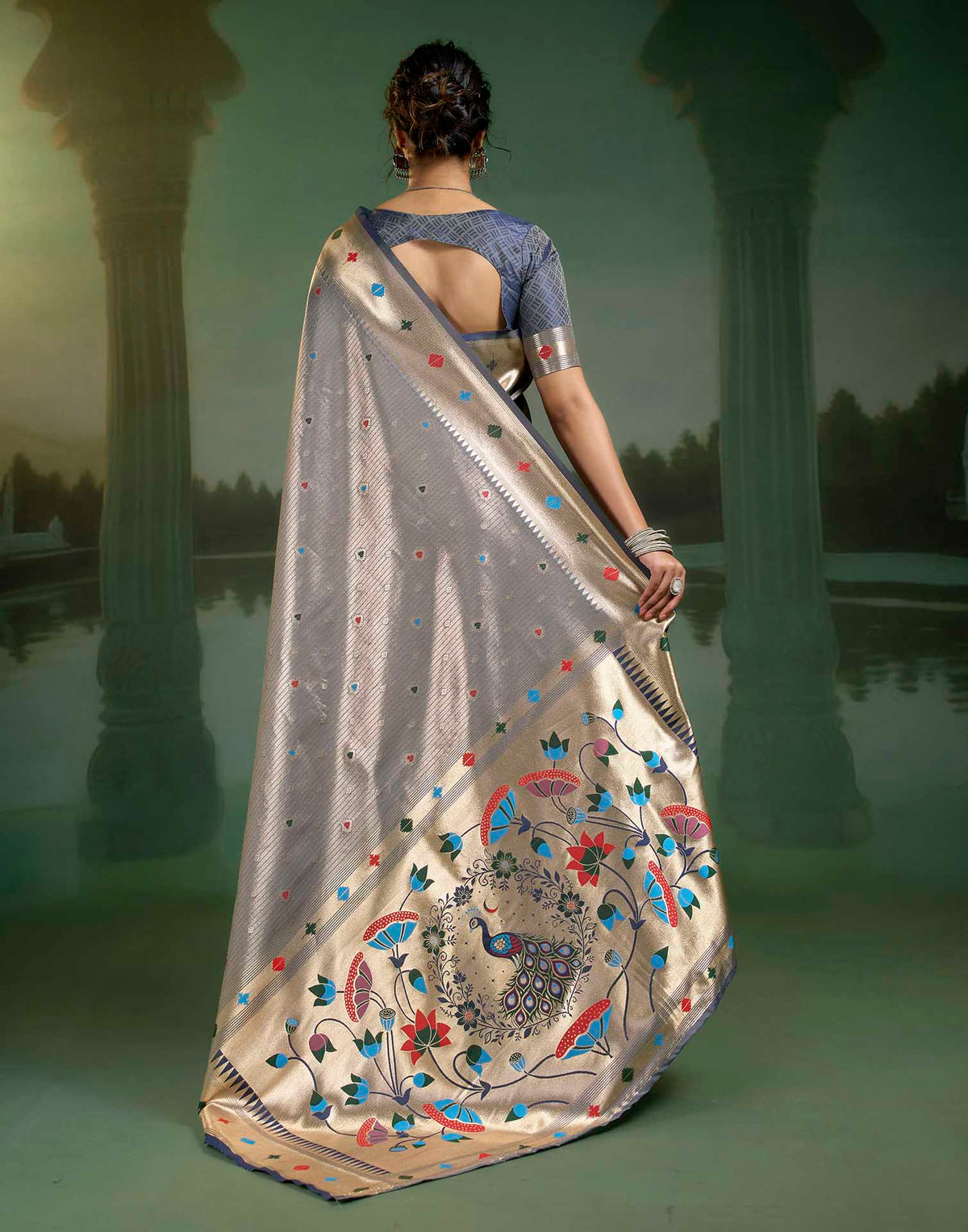 Blue Steel Grey Silk Woven Paithani Saree