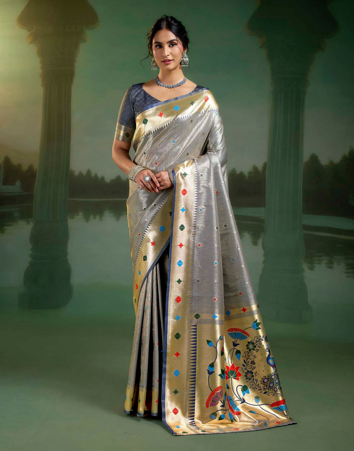 Blue Steel Grey Silk Woven Paithani Saree