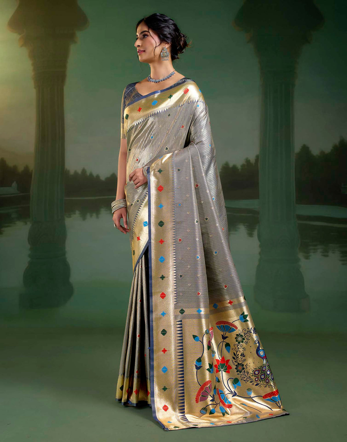 Blue Steel Grey Silk Woven Paithani Saree
