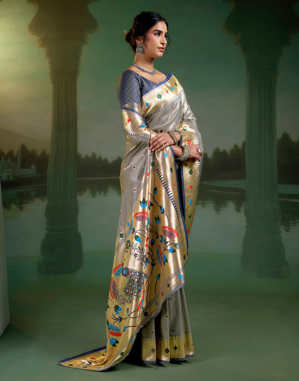 Blue Steel Grey Silk Woven Paithani Saree