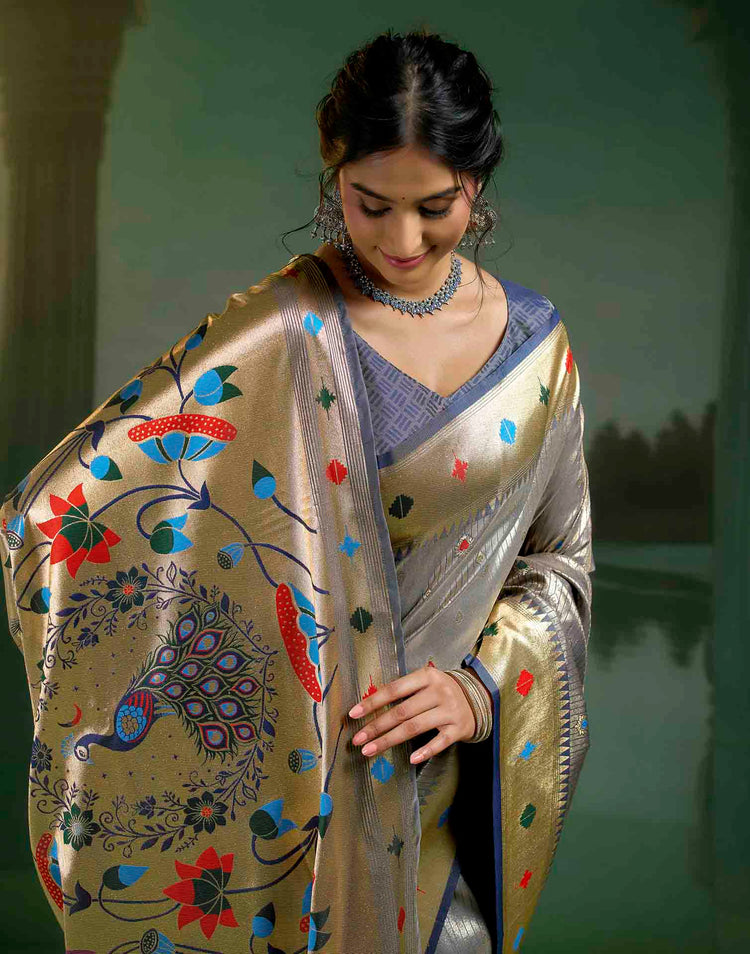 Blue Steel Grey Silk Woven Paithani Saree