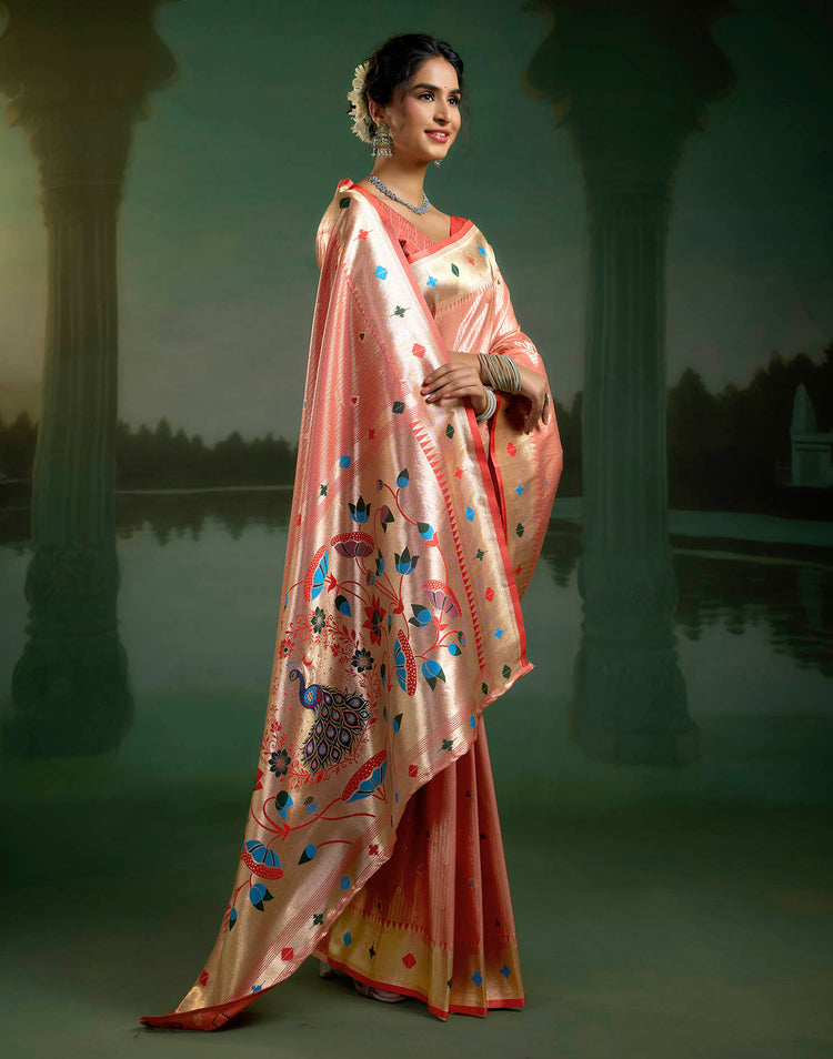 Coral Red Silk Woven Paithani Saree