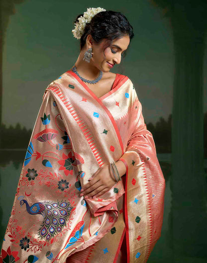 Coral Red Silk Woven Paithani Saree
