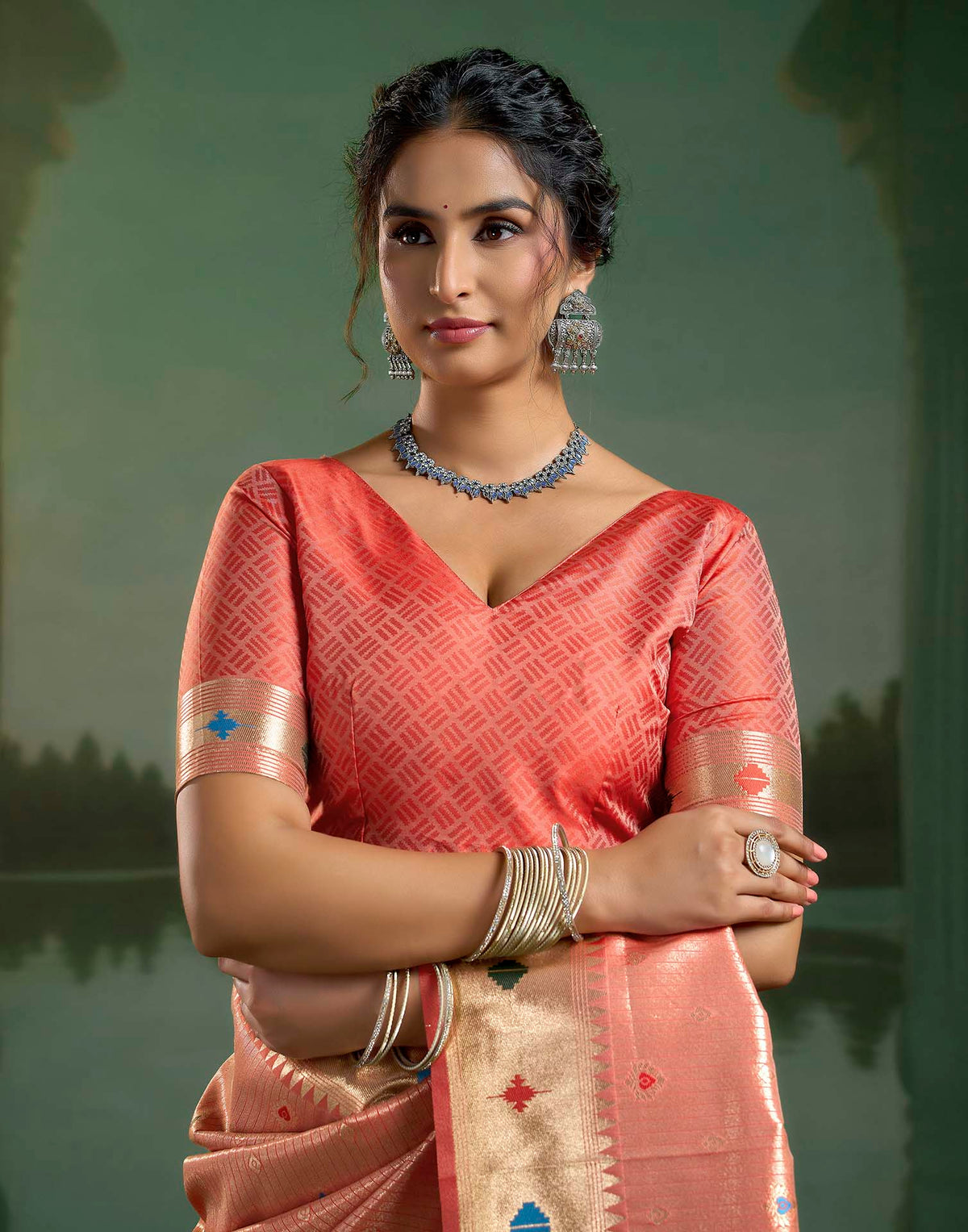 Coral Red Silk Woven Paithani Saree
