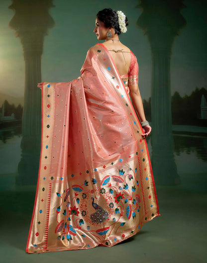 Coral Red Silk Woven Paithani Saree