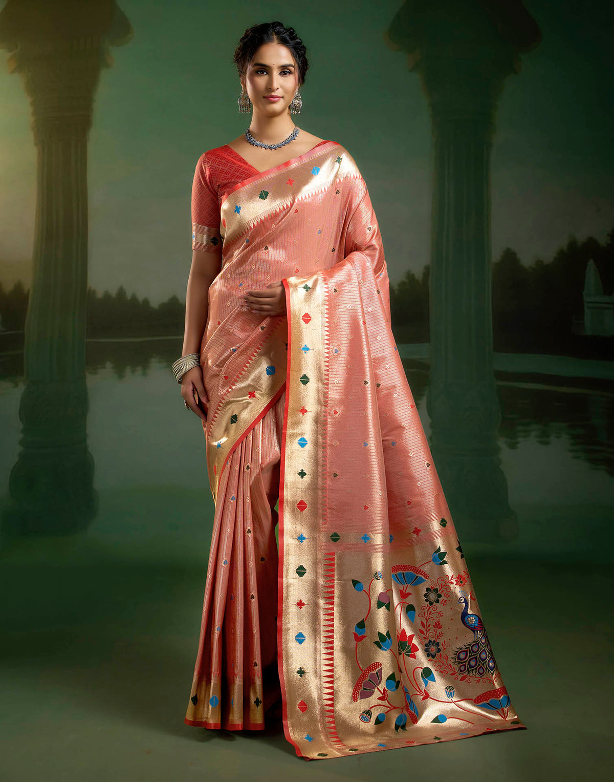 Coral Red Silk Woven Paithani Saree