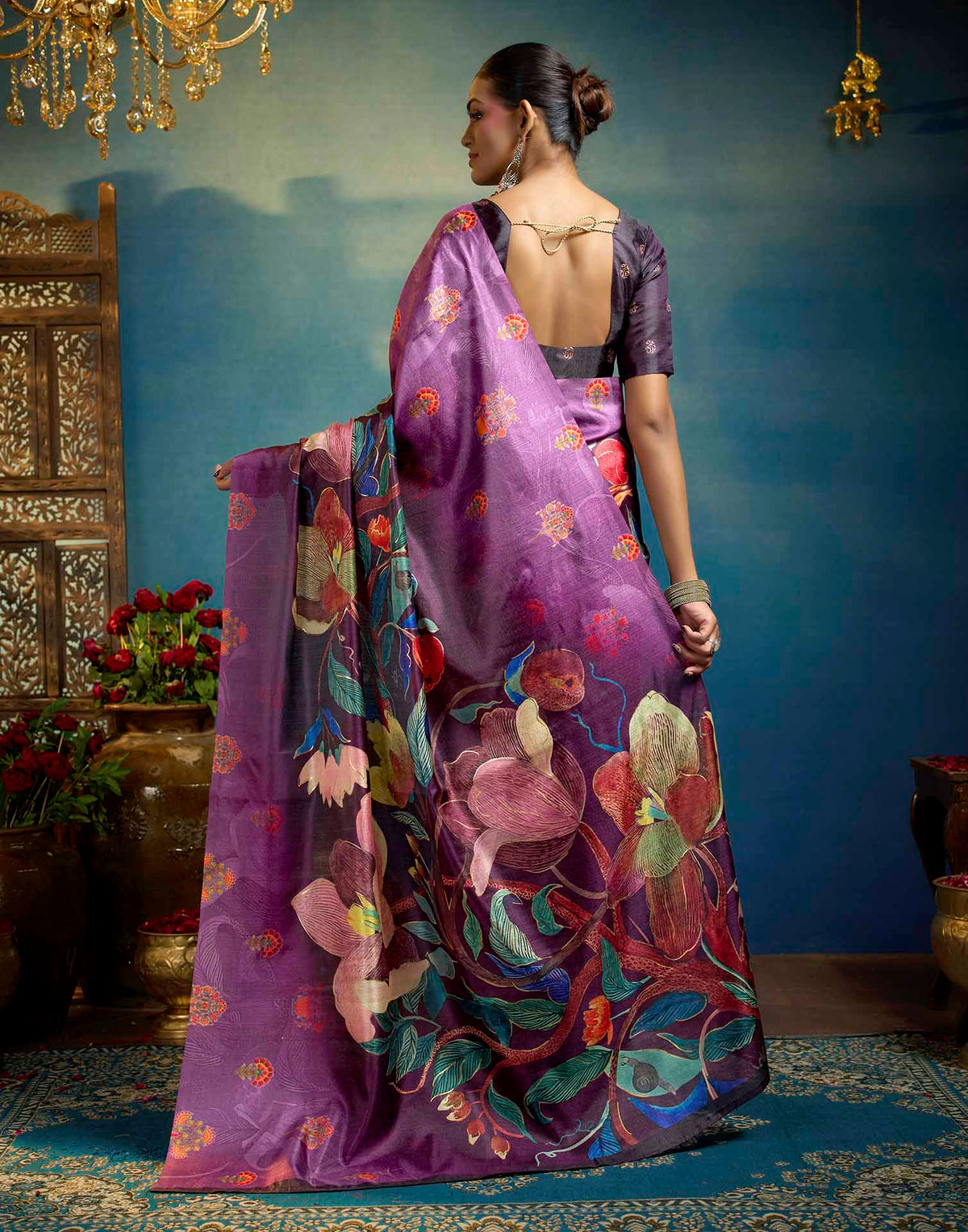 Purple Linen Floral Printed Saree