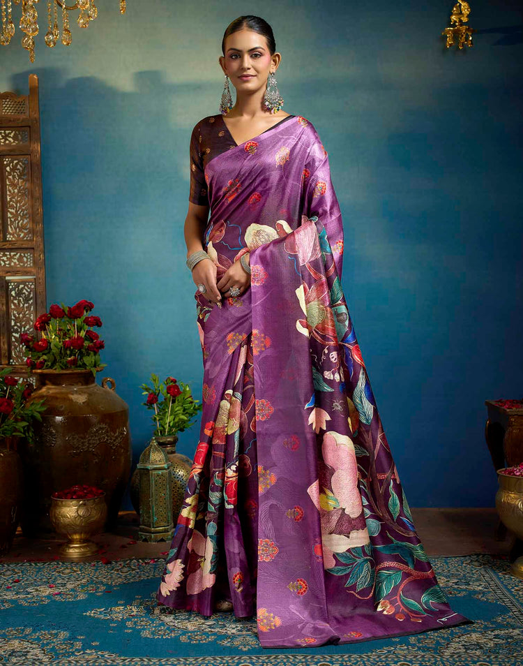 Purple Linen Floral Printed Saree