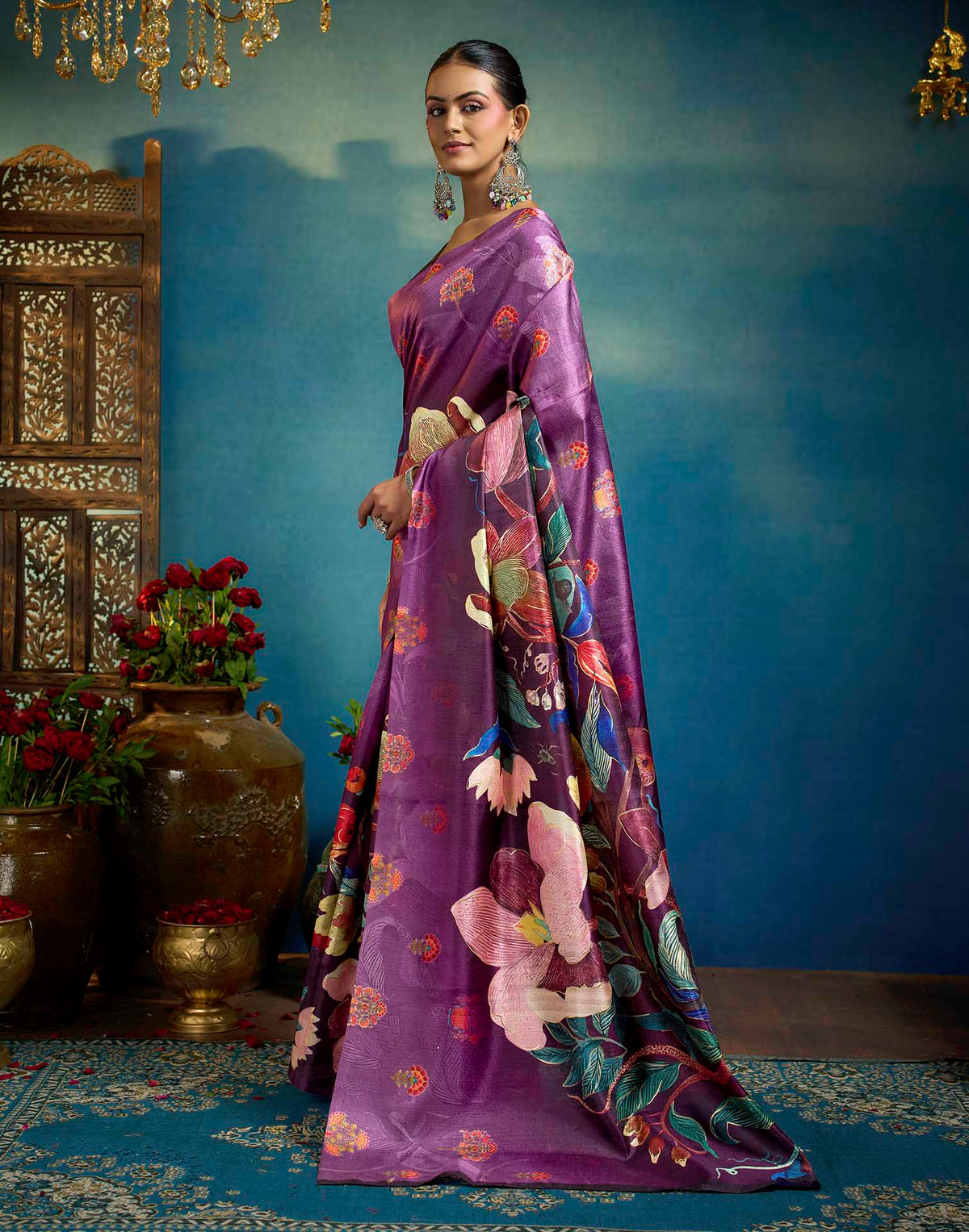 Purple Linen Floral Printed Saree