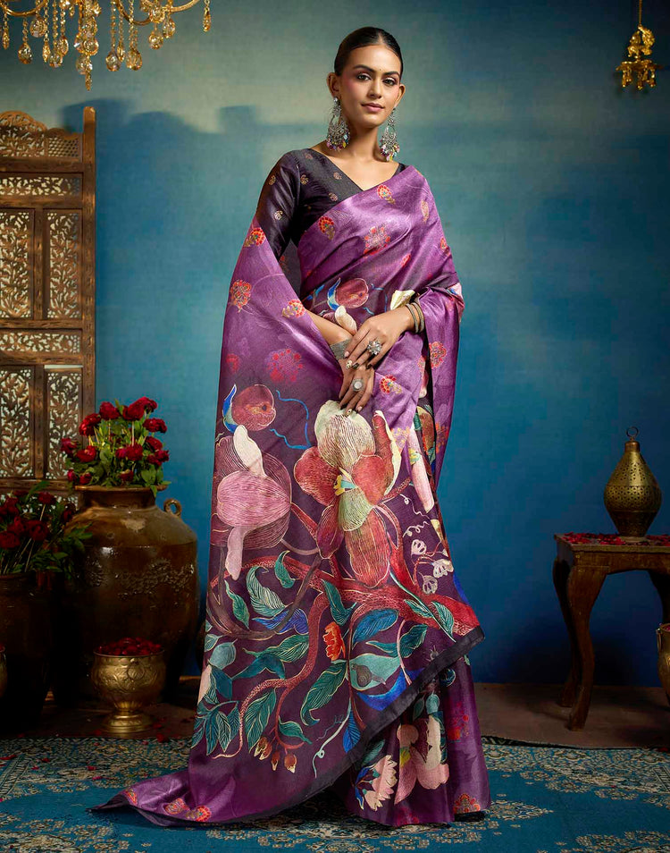 Purple Linen Floral Printed Saree