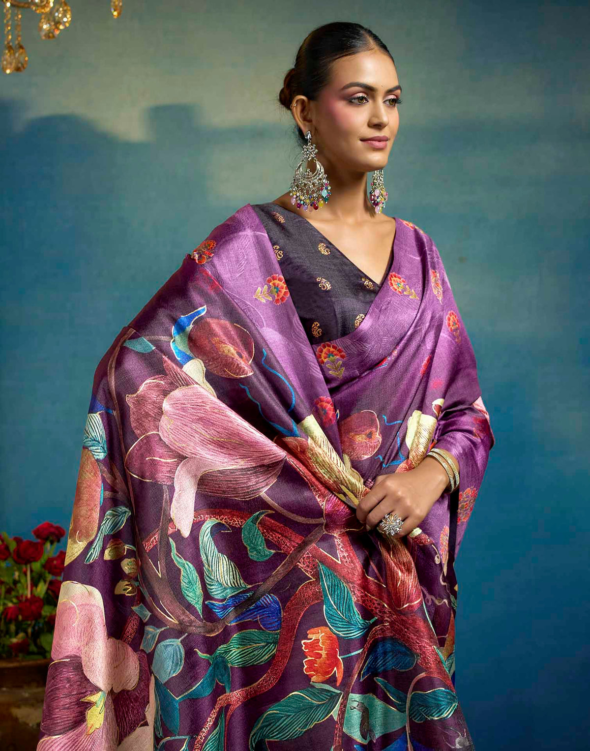 Purple Linen Floral Printed Saree