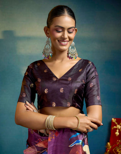 Purple Linen Floral Printed Saree