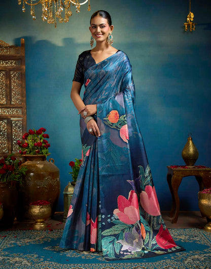 Blue Linen Floral Printed Saree