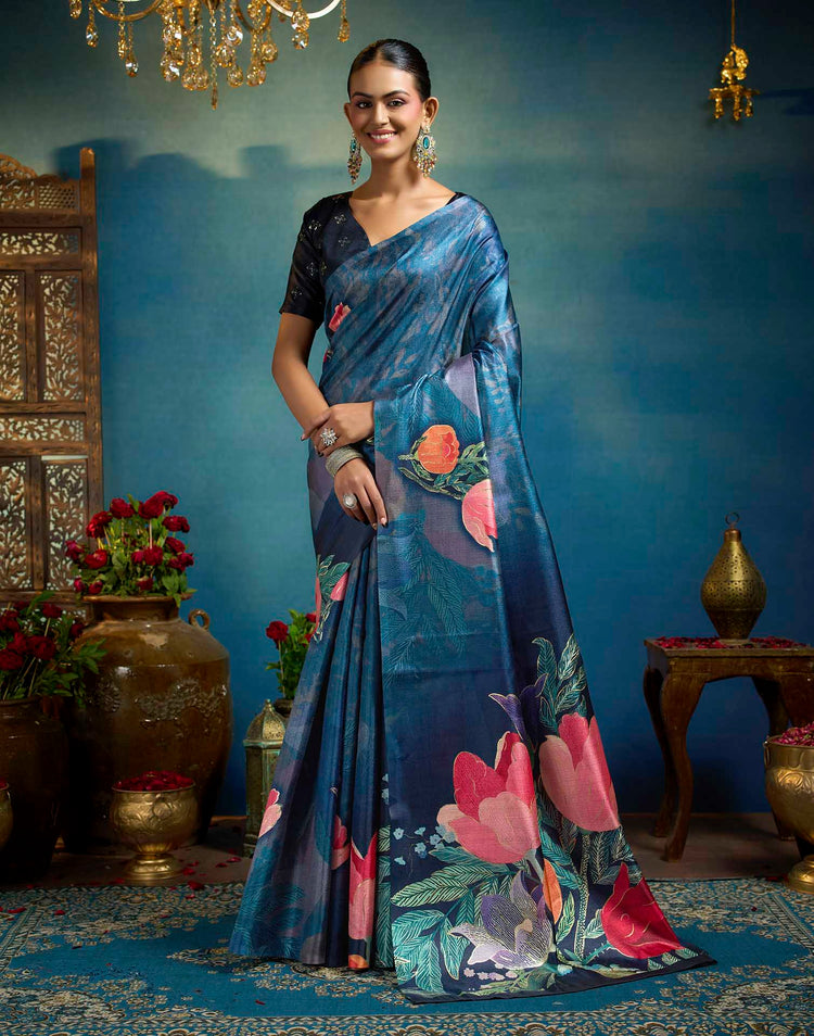 Blue Linen Floral Printed Saree