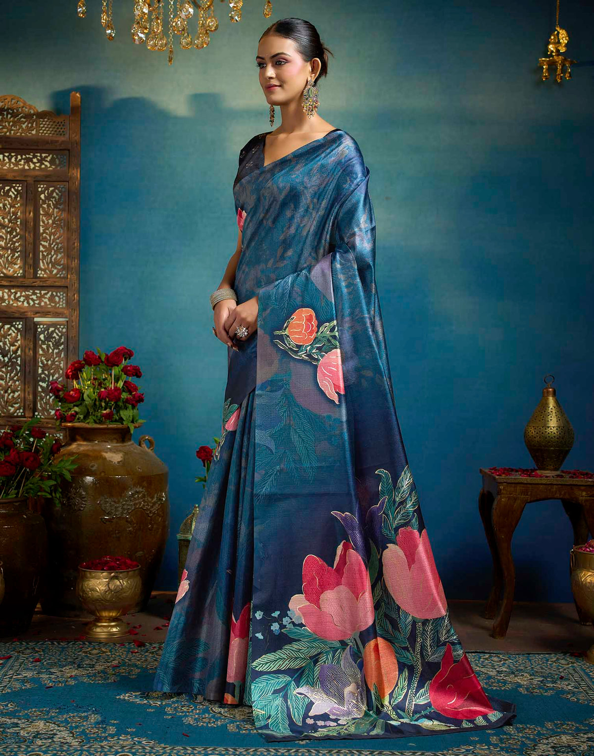Blue Linen Floral Printed Saree