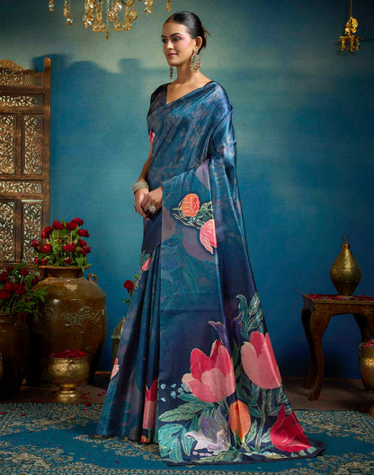 Blue Linen Floral Printed Saree