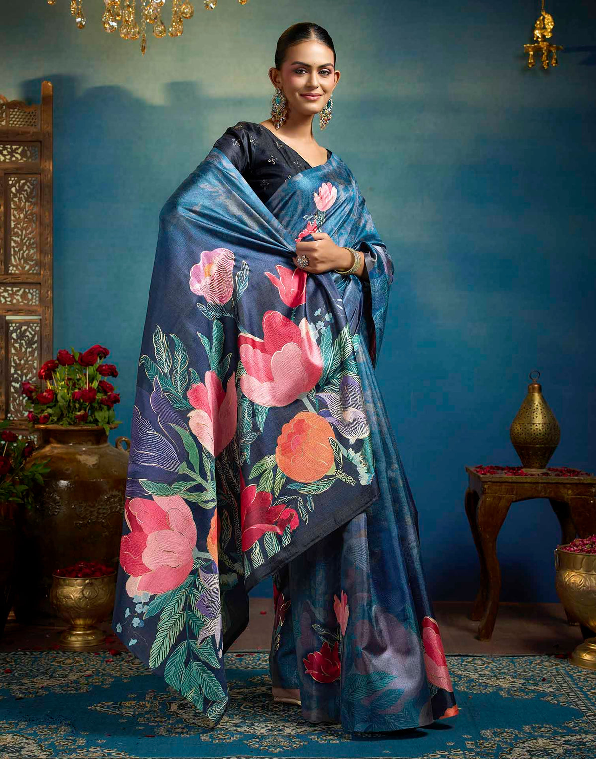Blue Linen Floral Printed Saree