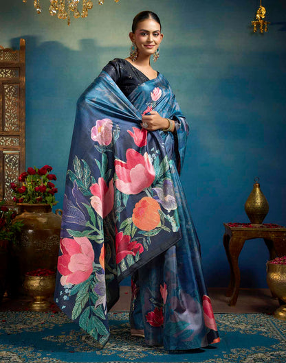 Blue Linen Floral Printed Saree