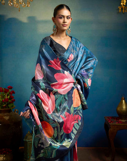 Blue Linen Floral Printed Saree