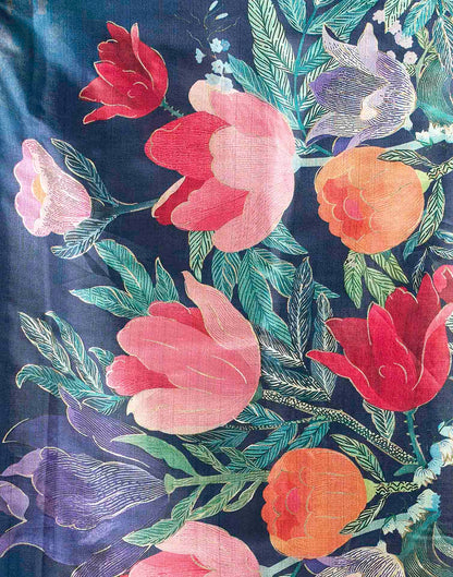 Blue Linen Floral Printed Saree