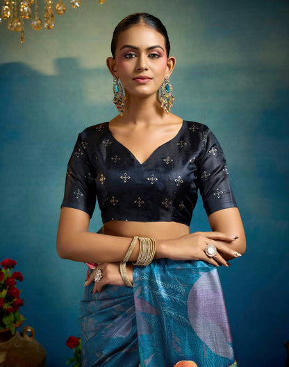 Blue Linen Floral Printed Saree