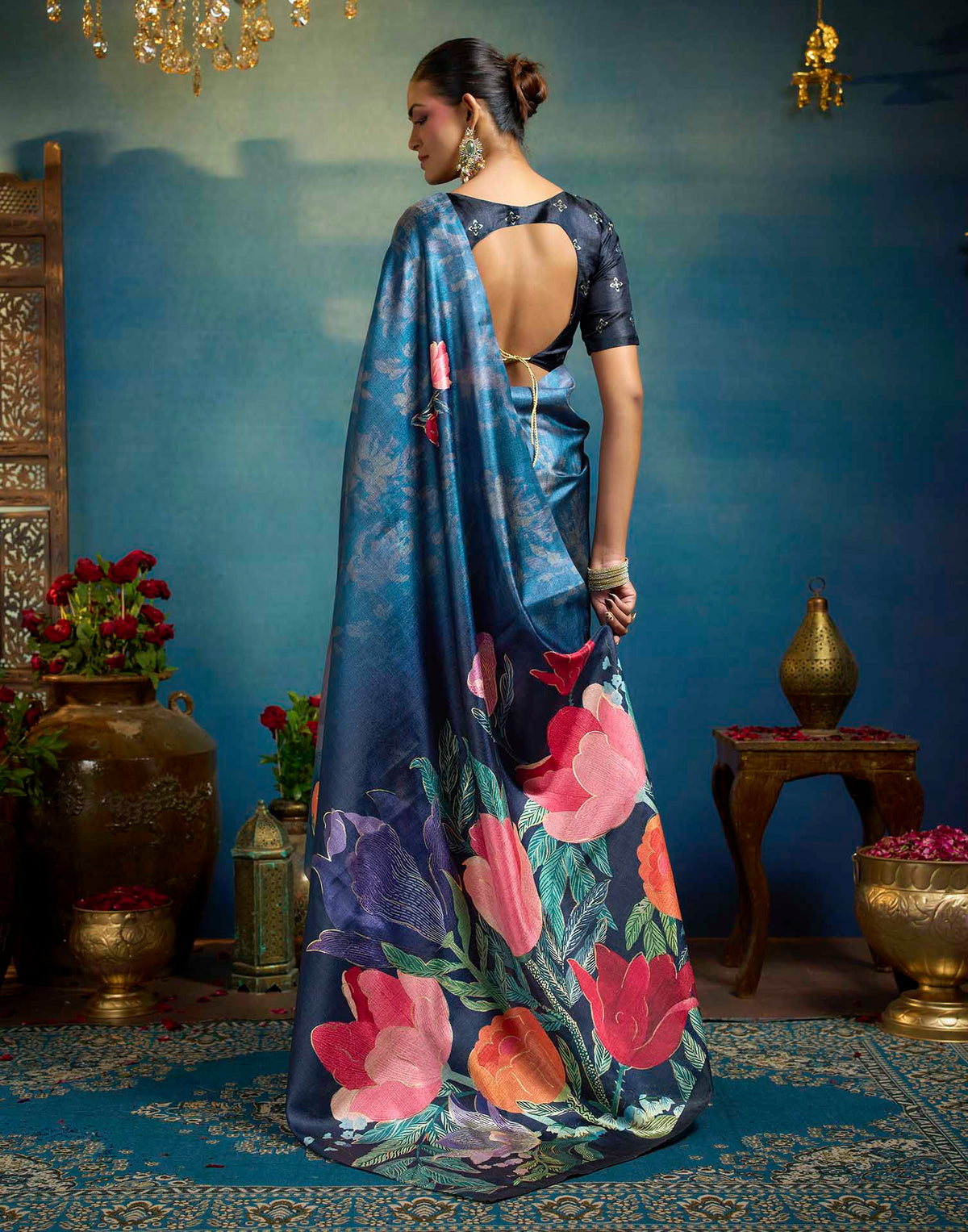 Blue Linen Floral Printed Saree