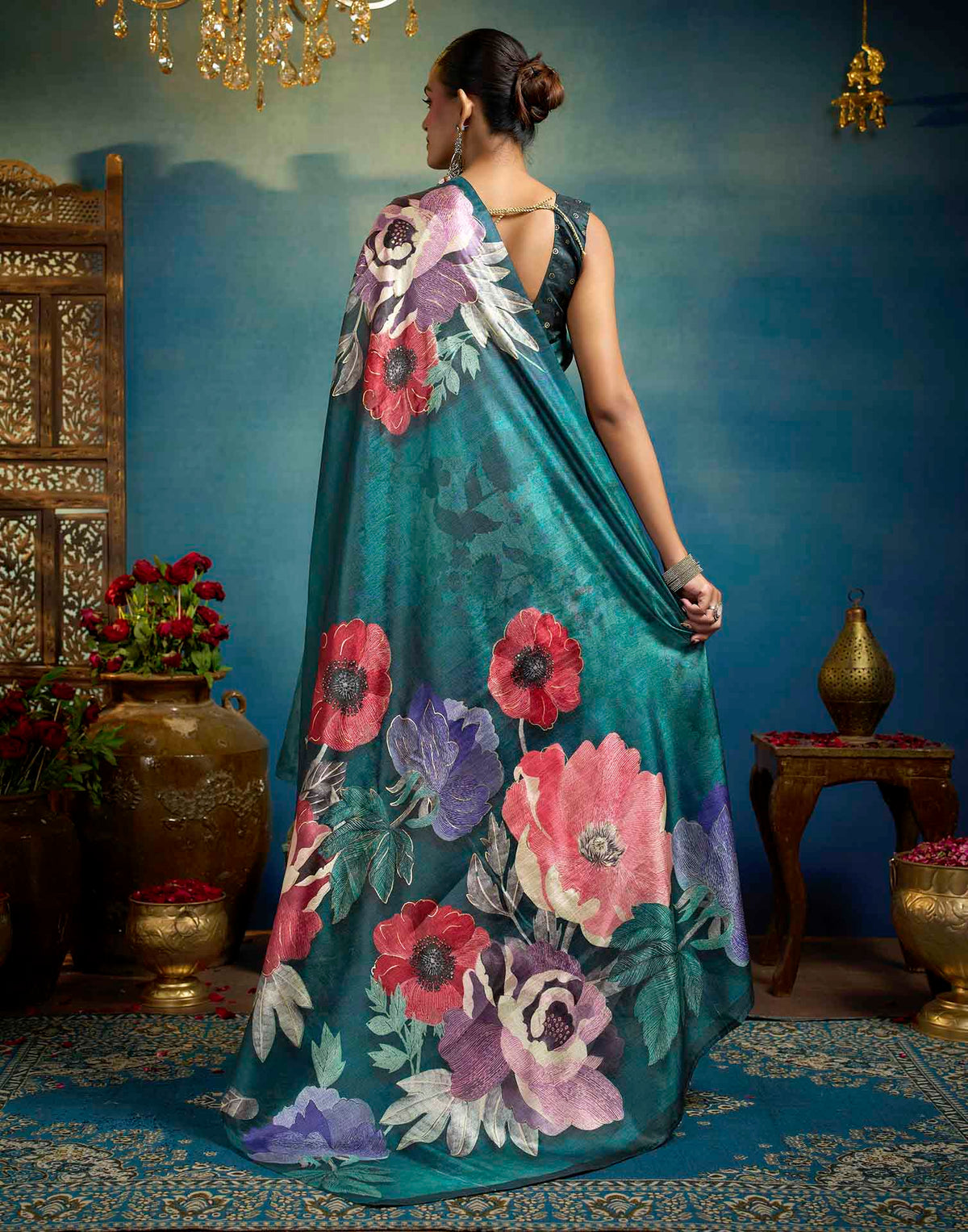 Green Linen Floral Printed Saree