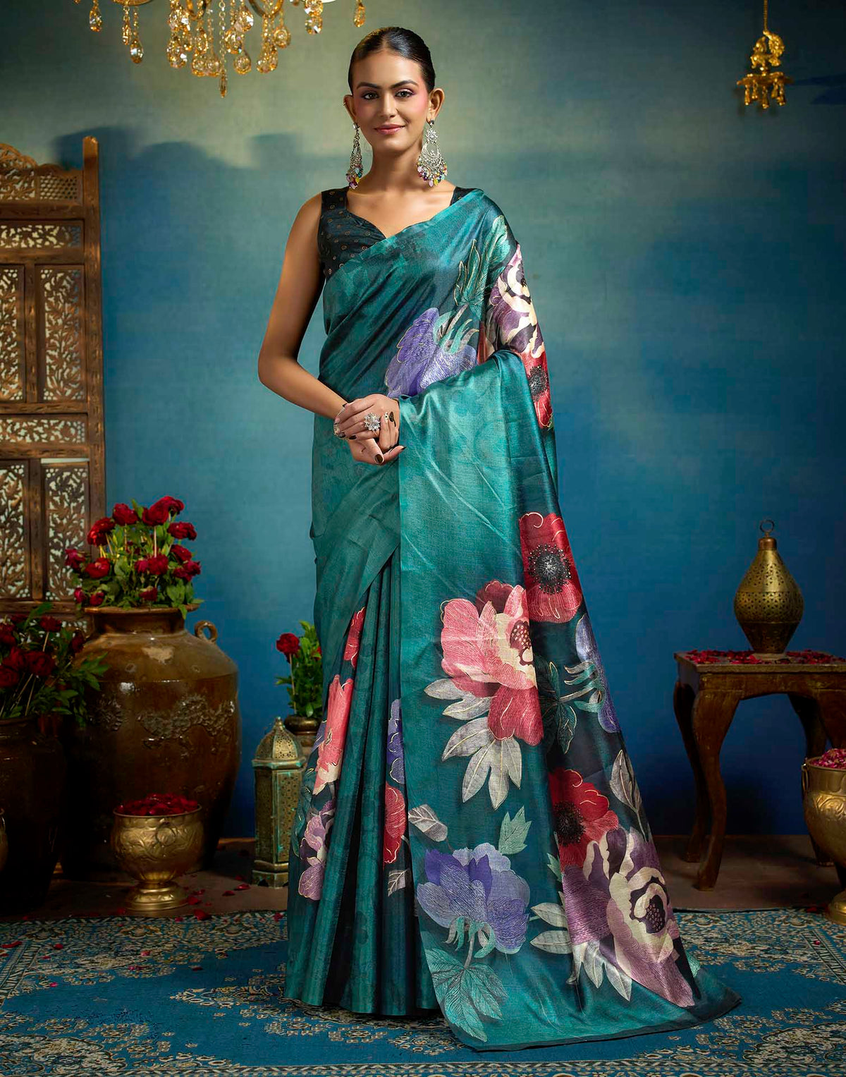Green Linen Floral Printed Saree