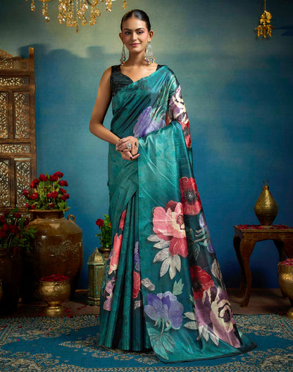 Green Linen Floral Printed Saree