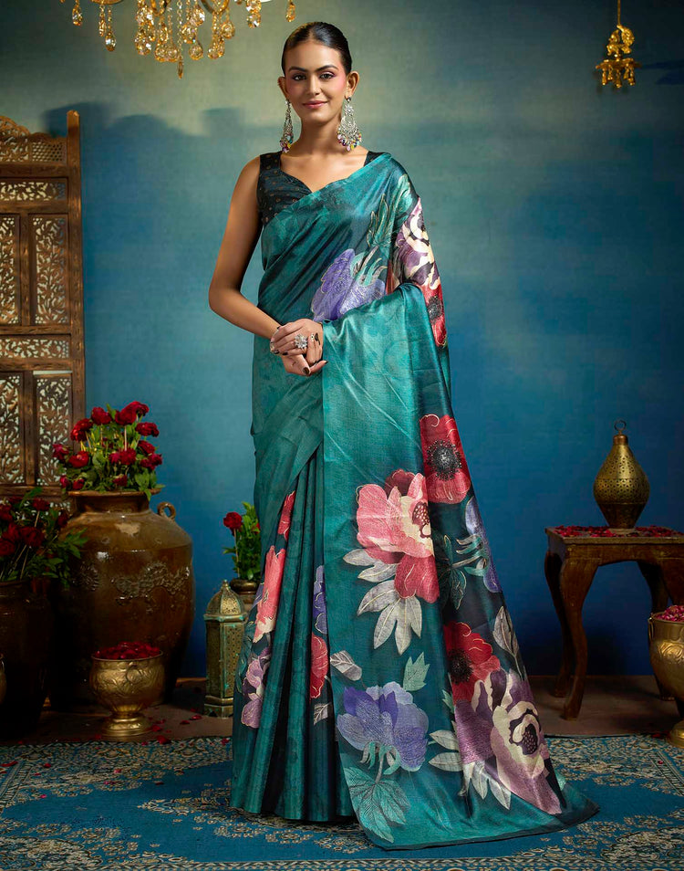 Green Linen Floral Printed Saree